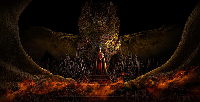 Putri Muda Rhaenyra Targaryen berdiri di depan naga emasnya Syrax di House of the Dragon
