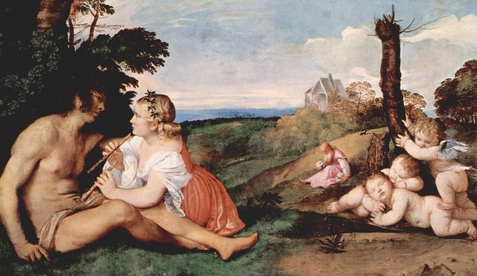 The Three Ages of Ma by Titian, 106cm × 182 cm, oil on canvas, 1512 - National Gallery of Scotland (Edinburgh)