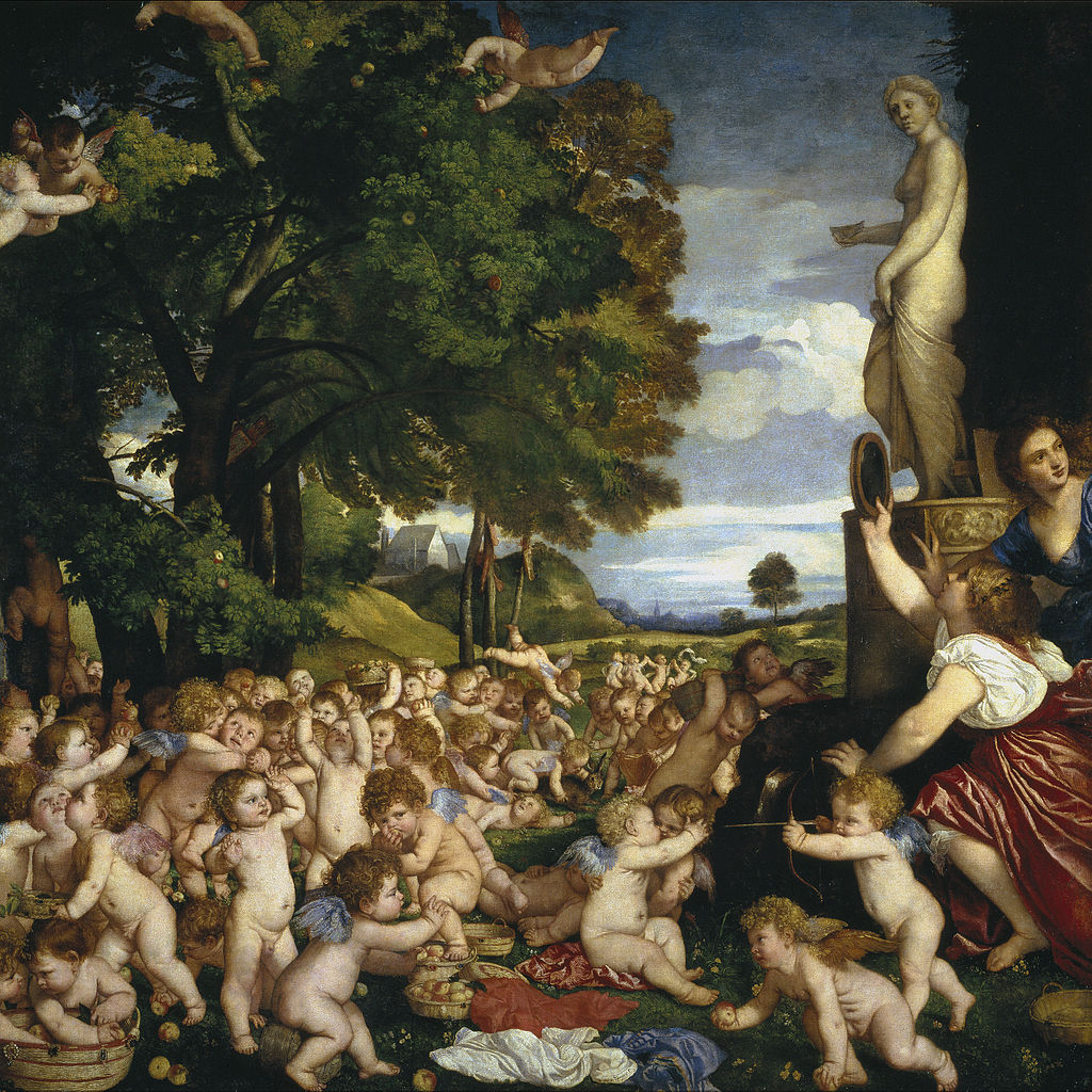 The Worship of Venus by Titian, 172cm × 175 cm, oil on canvas, 1518 - Museo del Prado (Madrid)