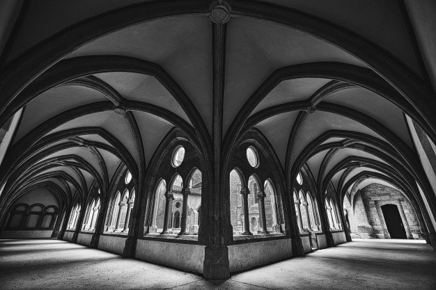 beautiful-wide-shot-medieval-fantasy-hallway-black-white_181624-2632