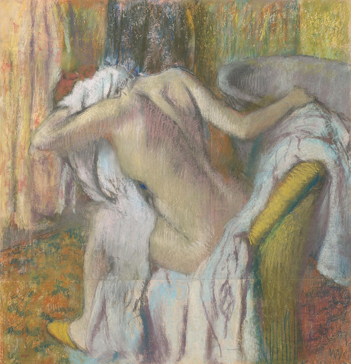 Lukisan After the Bath: Woman Drying Herself (1890). Edgar Degas.