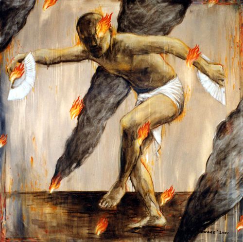 Agus Suwage, Tarian Api, 145 cm x 145 cm, Oil on canvas, 2001