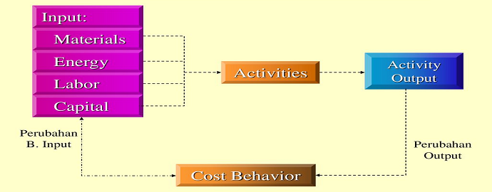 Hubungan antara masukan, aktivitas, keluaran, dan perilaku biaya